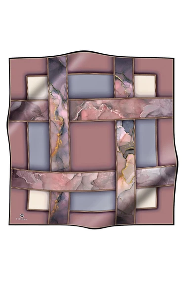 %100 Twill İpek Efektli Bant Desenli Pudra - Gri Renkli 90x90 Eşarp Dikim Şekli : El Dikişi - Resim 2