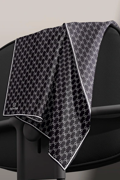 %100 Twill İpek Geometrik Desenli Siyah - Beyaz Renkli 90x90 Eşarp Dikim Şekli : El Dikişi - Resim 5