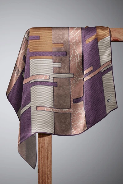 %100 Twill İpek Geometrik Desenli Mürdüm Renkli 90x90 Eşarp Dikim Şekli : El Dikişi - Resim 6