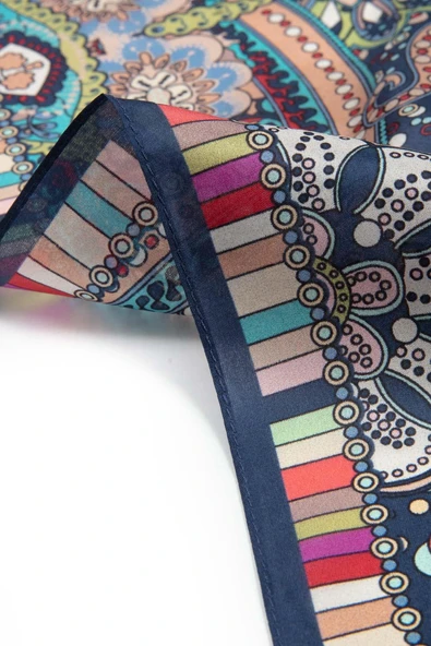 100% İpek Etro Desenli Lacivert Renkli 92x210 Şal - Resim 4