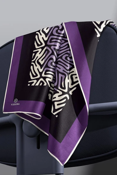 100% Twill İpek Bordürlü Dalga Desenli Siyah - Mürdüm Renkli 90x90 Dikim Şekli : El Dikişi Eşarp - Resim 3