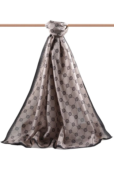 % 100 İpek V Logo Desenli Siyah - Vizon Renkli 90x210 Şal - Resim 4