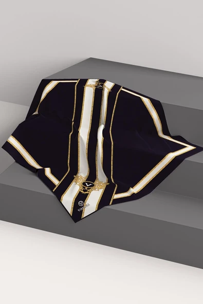 %100 Twill İpek Barok Ve Şerit Desenli Siyah - Krem Renkli 90x90 Eşarp Dikim Şekli : El Dikişi - Resim 4