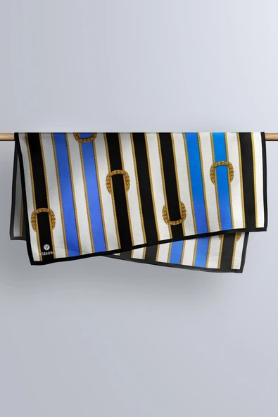 %100 Twill İpek Kemer Desenli Siyah - Saks Renkli 90x90 Eşarp Dikim Şekli : El Dikişi - Resim 5