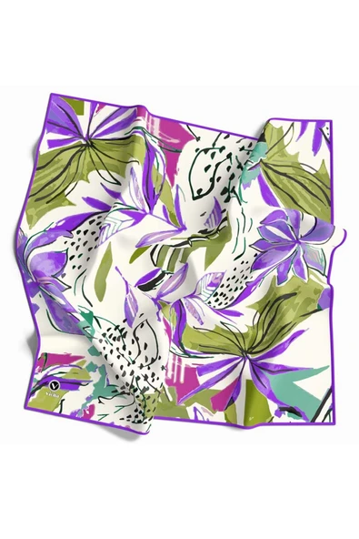 Pamuksu Dokulu Suluboya Çiçek Desenli Mor Renkli 90x90 Soft Eşarp Kenar Dikiş Şekli El Dikişli ürün görseli