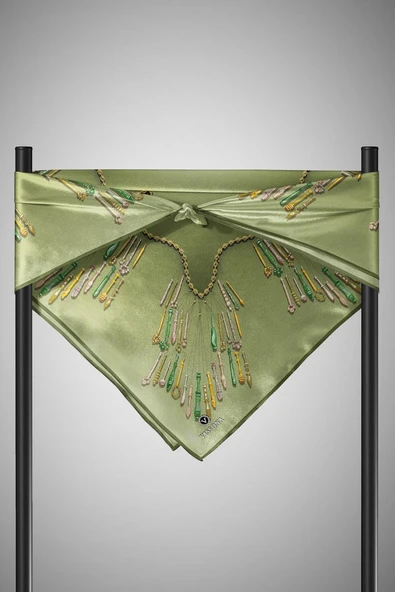 %100 Twill İpek Zincir Desenli Haki Renkli 90x90 Eşarp Dikim Şekli : El Dikişi - Resim 5