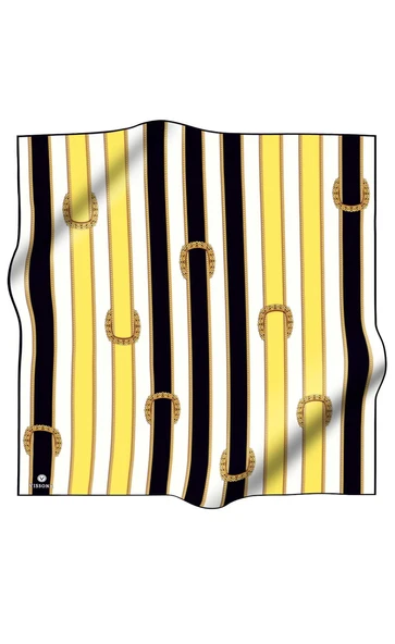 %100 Twill İpek Kemer Desenli Siyah - Limon Sarısı Renkli 90x90 Eşarp Dikim Şekli : El Dikişi - Resim 2