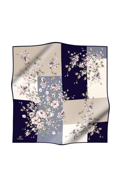 %100 Twill İpek Geometrik Ve Çiçek Desenli Lacivert - Bej Renkli 90x90 Eşarp Dikim Şekli : El Dikişi - Resim 2