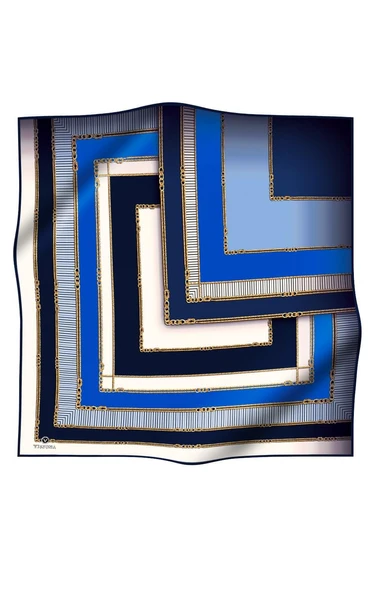 %100 Twill İpek Zincir Detaylı Geometrik Desenli Saks - Lacivert Renkli 90x90 Eşarp Dikim Şekli : El Dikişi - Resim 2