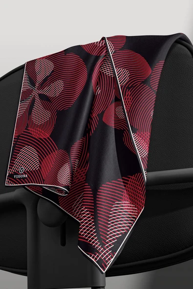 %100 Twill İpek Çizgili Çiçek Desenli Siyah - Bordo Renkli 90x90 Eşarp Dikim Şekli : El Dikişi - Resim 6