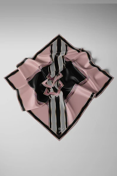 %100 Twill İpek Kareli Kazayaklı Desenli Gül Kurusu - Siyah Renkli 90x90 Eşarp Kenar Dikiş Şekli El Dikişli - Resim 3