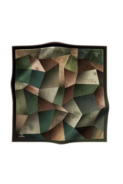 % 57 İPEK % 43 VİSKON Twill İpek Geometrik Desenli Haki - Sütlü Kahve Renkli 90x90 Eşarp Dikim Şekli : El Dikişi - Resim 2