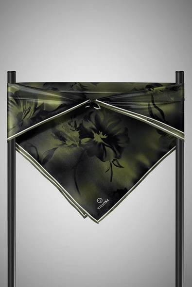 % 57 İPEK % 43 VİSKON Twill İpek Çiçek Desenli Haki Renkli 90x90 Dikim Şekli : El Dikişi Eşarp - Resim 6