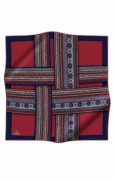 %100 Twill İpek Etnik Desenli Lacivert - Bordo  Renkli 90x90 Eşarp Dikim Şekli : El Dikişi - Resim 2