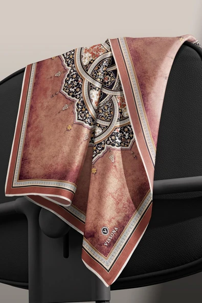 %100 Twill İpek Şal Desenli Taba - Siyah Renkli 90x90 Eşarp Dikim Şekli : El Dikişi - Resim 6