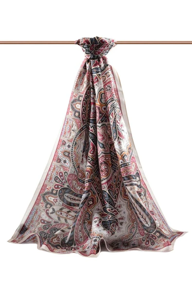 100% İpek Etro Desenli Taş - Bordo Renkli 92x210 Şal - Resim 2