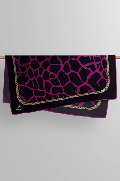 %100 Twill Taş Desenli Mürdüm - Siyah Renkli 90x90 Eşarp Dikim Şekli: El Dikişi - Resim 4