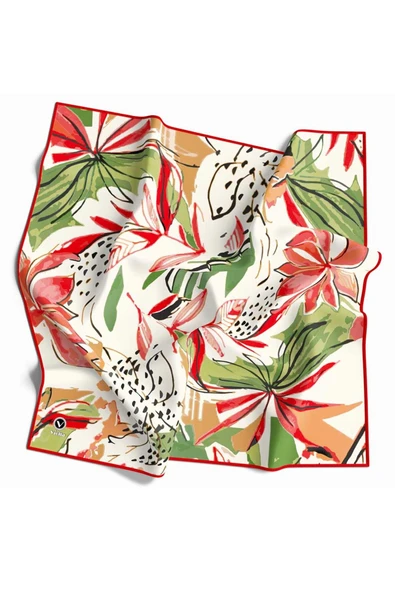 Pamuksu Dokulu Suluboya Çiçek Desenli Kırmızı Renkli 90x90 Soft Eşarp Kenar Dikiş Şekli El Dikişli ürün görseli