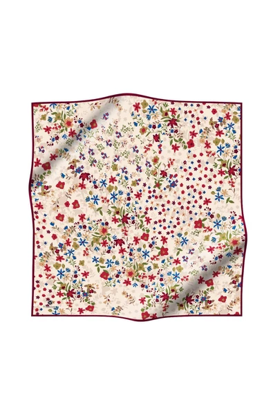 %100 Twill İpek Çıtır Çiçek Desenli Krem - Bordo Renkli 90x90 Eşarp Dikim Şekli : El Dikişi - Resim 2