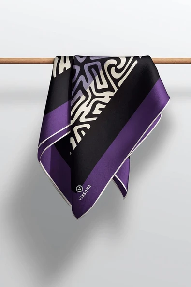 100% Twill İpek Bordürlü Dalga Desenli Siyah - Mürdüm Renkli 90x90 Dikim Şekli : El Dikişi Eşarp - Resim 4