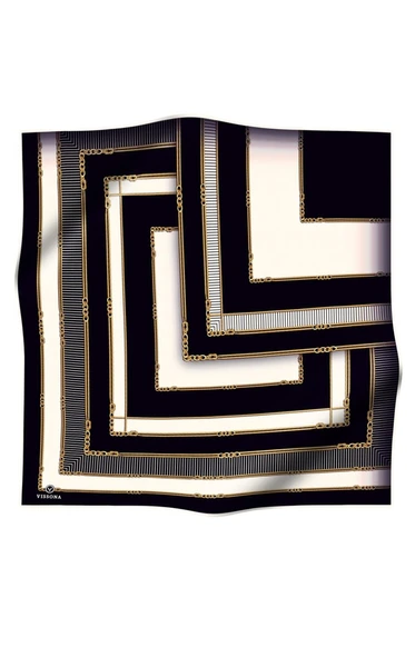 %100 Twill İpek Zincir Detaylı Geometrik Desenli Siyah - Krem Renkli 90x90 Eşarp Dikim Şekli : El Dikişi - Resim 2
