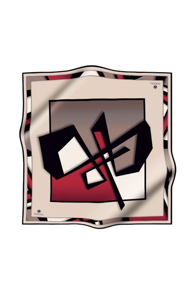 %100 Twill İpek Geometrik Desenli Bordo - Vizon Renkli 90x90 Eşarp Dikim Şekli : El Dikişi - Resim 2