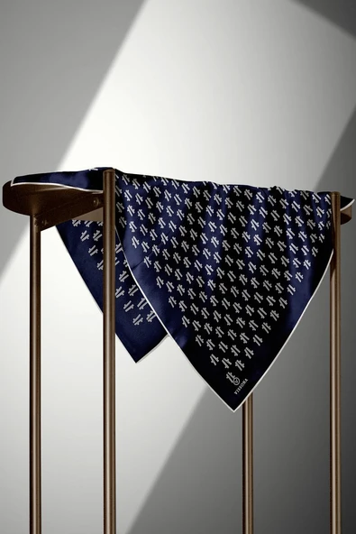 %100 Twill İpek Geometrik Desenli Lacivert - Krem Renkli 90x90 Eşarp Dikim Şekli : El Dikişi - Resim 5