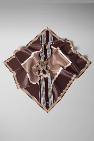 %100 Twill İpek Kareli Kazayaklı Desenli Kahverengi - Vizon Renkli 90x90 Eşarp Kenar Dikiş Şekli El Dikişli - Resim 3