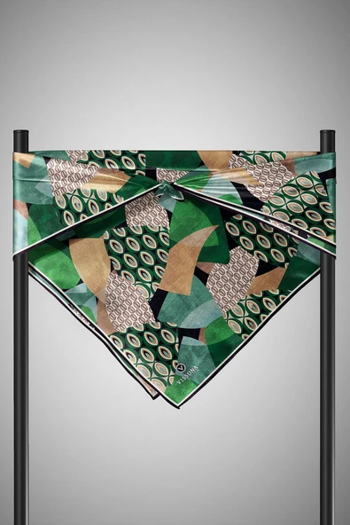 %100 Twill İpek Geometrik Desenli Zümrüt Yeşili - Bej Renkli 90x90 Eşarp Kenar Dikiş Şekli El Dikişli - Resim 6