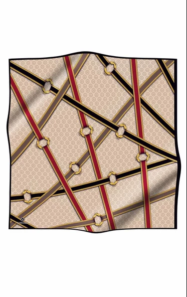 %100 Twill İpek Kemerli Ve Monogram Desenli Bej - Bordo Renkli 90x90 Eşarp Dikim Şekli : El Dikişi - Resim 2