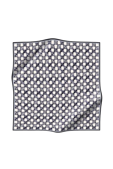 %100 Twill İpek Geometrik Desenli Krem - Gri Renkli 90x90 Eşarp Dikim Şekli : El Dikişi - Resim 2
