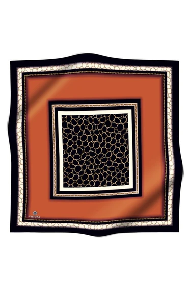 % 57 İPEK % 43 VİSKON Twill İpek Gold Halka Desenli Taba - Siyah Renkli 90x90 Eşarp Dikim Şekli : El Dikişi - Resim 2