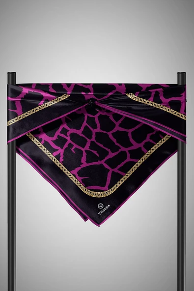 %100 Twill Taş Desenli Mürdüm - Siyah Renkli 90x90 Eşarp Dikim Şekli: El Dikişi - Resim 6