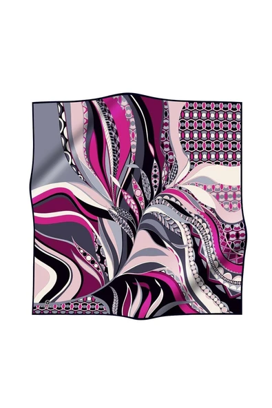 100% Twill Etnik Yaprak Desenli Fuşya Renkli 90x90 Dikim Şekli : El Dikişi Eşarp - Resim 2