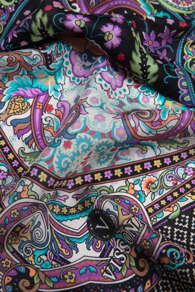 %100 İPEK ETRO DESENLİ SİYAH - MOR RENKLİ ŞAL - Resim 3