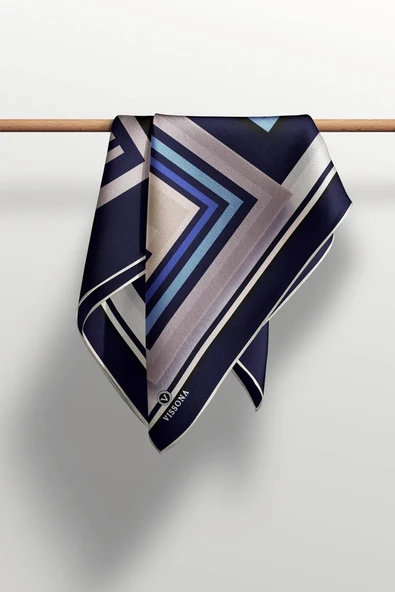 %100 Twill İpek Kare Desenli Lacivert - Vizon Renkli 90x90 Eşarp Kenar Dikiş Şekli El Dikişli - Resim 5