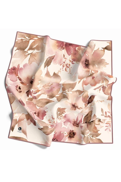 Kristal Büyük Çiçek Desenli Pudra Renkli 90x90 Eşarp (İpek İçermez) Kenar Dikiş Şekli El Dikişli ürün görseli