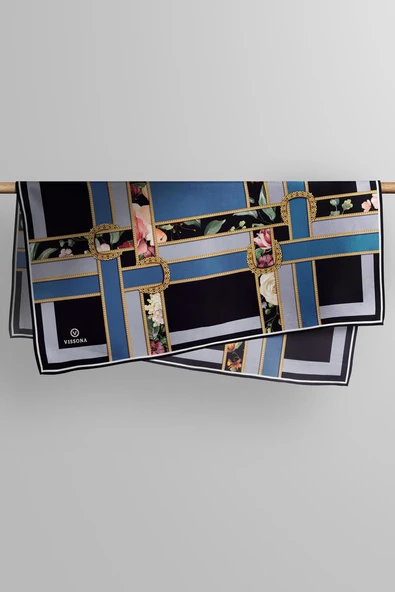 %100 Twill İpek Şeritleri Kemerli Ve Çiçek Desenli İndigo - Gri Renkli 90x90 Eşarp Dikim Şekli : El Dikişi - Resim 3