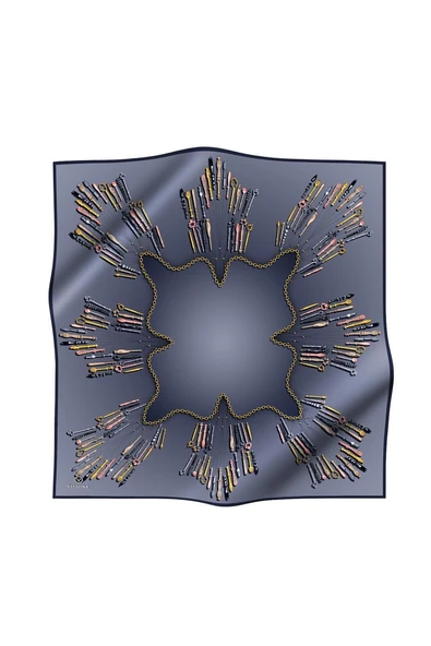 %100 Twill İpek Zincir Desenli Füme Renkli 90x90 Eşarp Dikim Şekli : El Dikişi - Resim 2