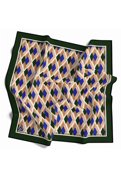 Kristal Geometrik Desenli Zümrüt Yeşili - Saks Renkli 90x90 Eşarp (İpek İçermez) Dikim Şekli : El Dikişi ürün görseli