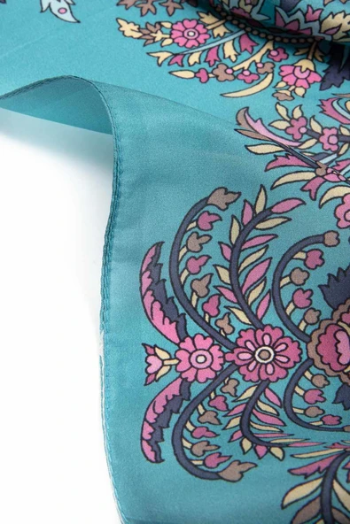 100% İpek Etro Desenli Petrol Yeşili - Pembe Renkli 92x210 Şal - Resim 4