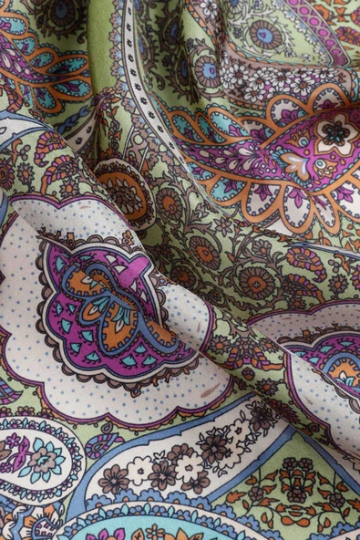 100% İpek Etro Desenli Haki Renkli 92x210 Şal - Resim 3