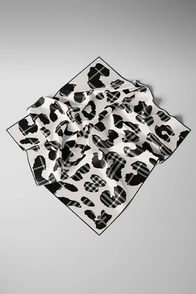 %100 Twill İpek Leopar Desenli Krem - Siyah Renkli 90x90 Eşarp Dikim Şekli : El Dikişi - Resim 6