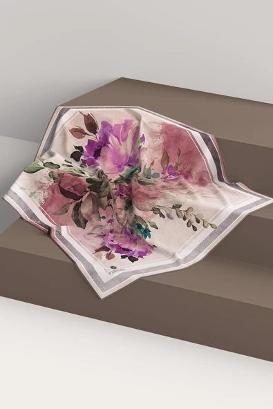 %100 Twill İpek Bahar Çiçekleri Desenli Fuşya - Petrol Mavisi Renkli 90x90 Eşarp Dikim Şekli : El Dikişi - Resim 6