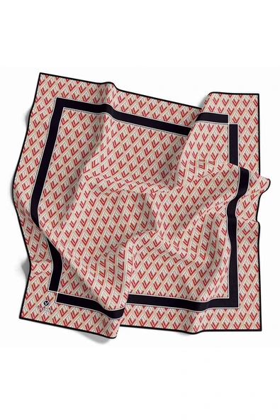 %100 Twill İpek Geometrik Desenli Bej - Kırmızı Renkli 90x90 Eşarp Dikim Şekli : El Dikişi - Resim 2