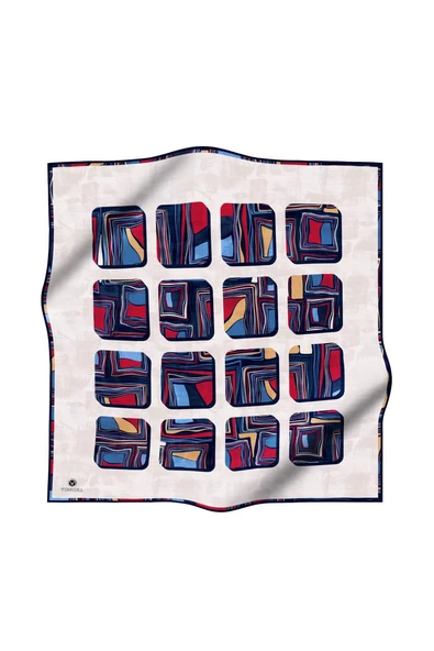 %100 Twill İpek Geometrik Kare Desenli Kırmızı - Lacivert Renkli 90x90 Eşarp Dikim Şekli : El Dikişi - Resim 2