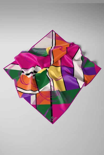 %100 Twill İpek Geometrik Desenli Fuşya - Mor Renkli 90x90 Eşarp Dikim Şekli : El Dikişi - Resim 3