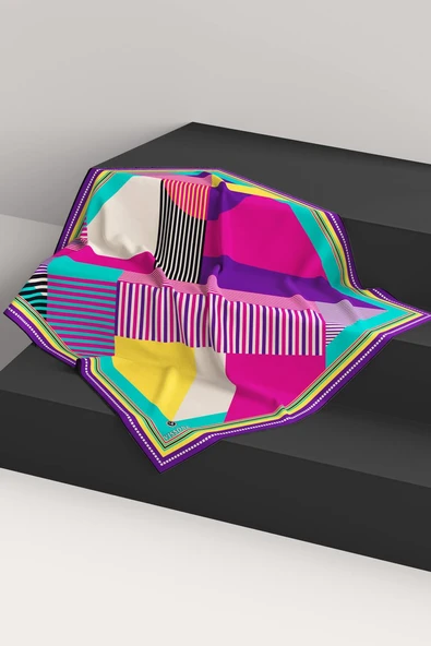 %100 Twill İpek Geometrik Desenli Fuşya - Mor Renkli 90x90 Eşarp Dikim Şekli : El Dikişi - Resim 6