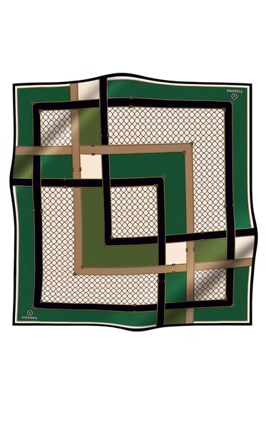 %100 Twill İpek Geometrik Desenli Zümrüt Yeşili - Siyah Renkli 90x90 Eşarp Dikim Şekli : El Dikişi - Resim 2