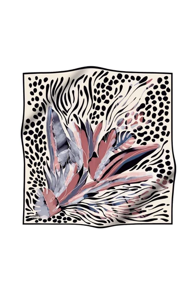 %100 Twill İpek Amazon Desenli Pudra - Gri Renkli 90x90 Eşarp Kenar Dikiş Şekli El Dikişli - Resim 2